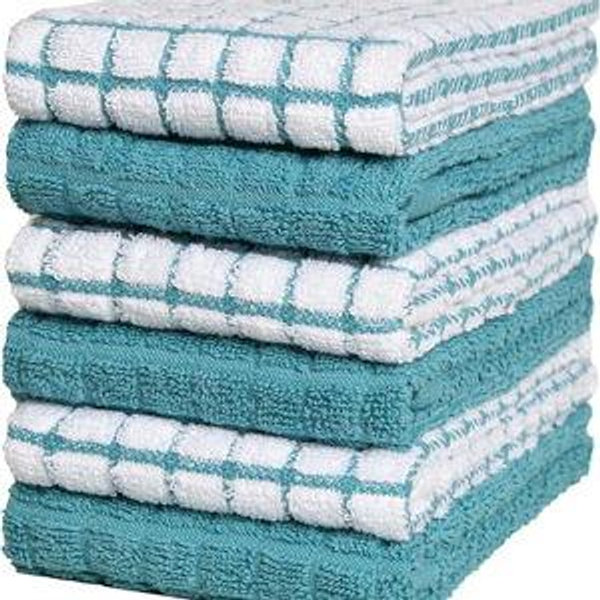 Kitchen Towels 16"x 28" | Dish Towels | Kitchen Hand Towels | Large Dishcloths Set | Highly Absorbent Tea Towel, Soft with Hanging Loop | Natural Ring Spun Cotton, 380 GSM | Aqua Check Design - 6 Pack