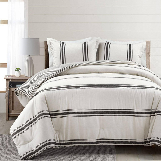 3pc Full/Queen Farmhouse Stripe Comforter & Sham Set Black - Lush Décor