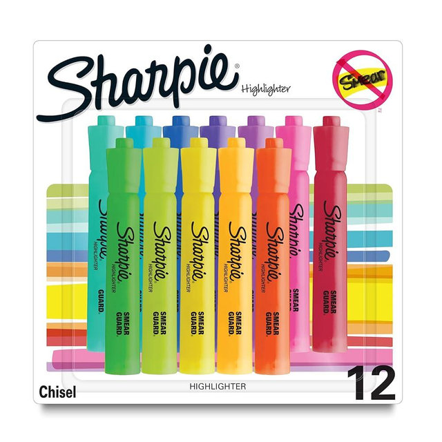 Sharpie Tank Highlighters, Chisel Tip, Assorted Fluorescent Colors, 12 Count - Back to School, Office, Teacher Supplies