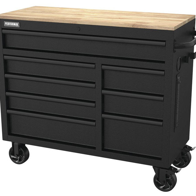 Performax® 42" x 18" Black 8-Drawer Mobile Rolling Tool Cabinet with Solid Wood Top