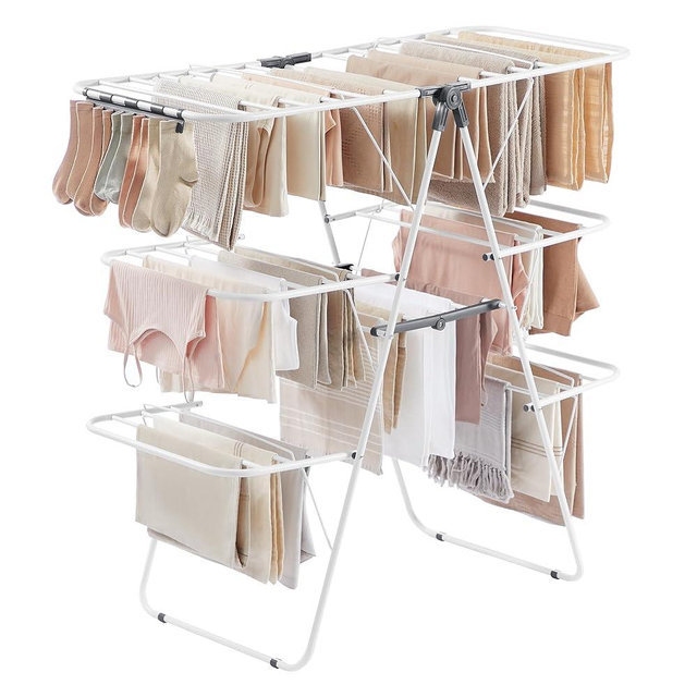 SONGMICS Clothes Drying Rack, Foldable 3-Level Laundry Rack, Free-Standing Large Drying Rack, with Height-Adjustable Wings, 39 Drying Rails, Sock Clips, White and Gray ULLR054W01