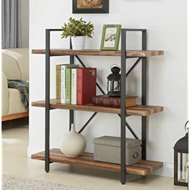 Homissue 3-Tier Industrial Bookcase and Book Shelves, Vintage Wood and Metal Bookshelves, Retro Brown
