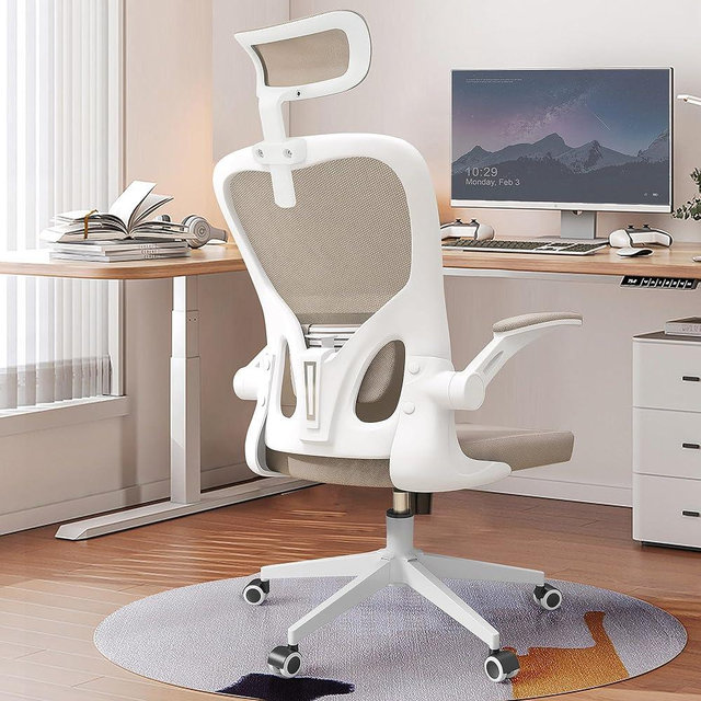 Monhey Office Chairs, Ergonomic Office Chair, Computer Chair with Adjustable Headrest, Lumbar Support, 2D Armrest, Metal Base and Iron Legs, Beige Mesh Office Chair