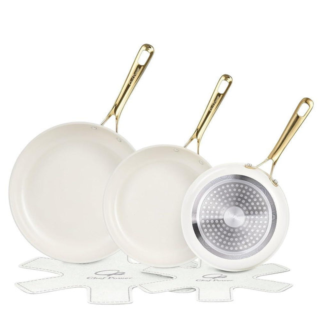 Chef Power Ceramic Frying Pan with Stainless Steel handle 5Pcs Set, Non Stick Grill Pan Set, Dishwasher and Oven Safe, Cream White and Light Gold Handle