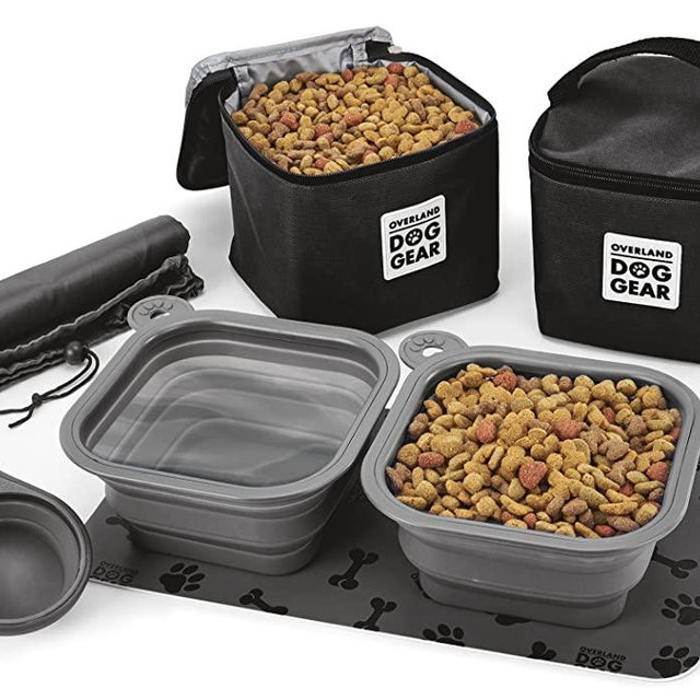 Overland Dog Gear, Dog Travel Bag, Dine Away Bag, Includes Lined Food Carriers and 2 Collapsible Dog Bowl, Collapsible Scooper and Placemat (Various Sizes and Colors)