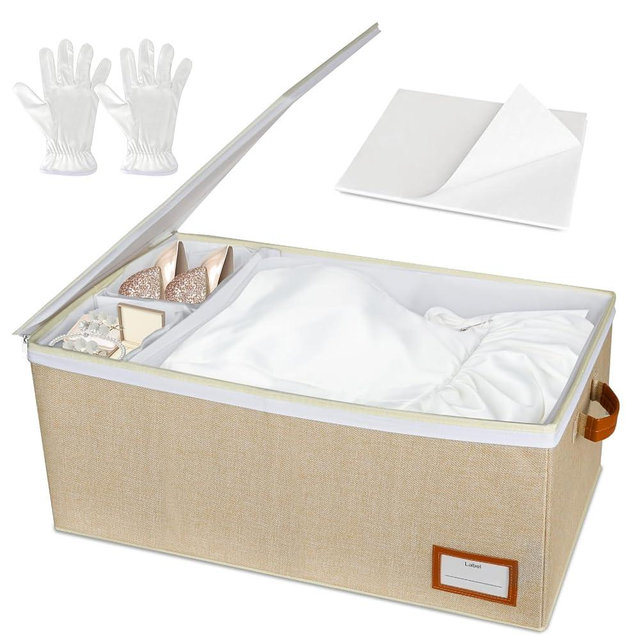 Wedding Dress Storage Box, Wedding Dress Preservation Box with Divider, Foldable Organizer with 1 Pair of Microfiber Gloves and 20 Sheets of Acid-Free Paper for Gowns,Souvenirs