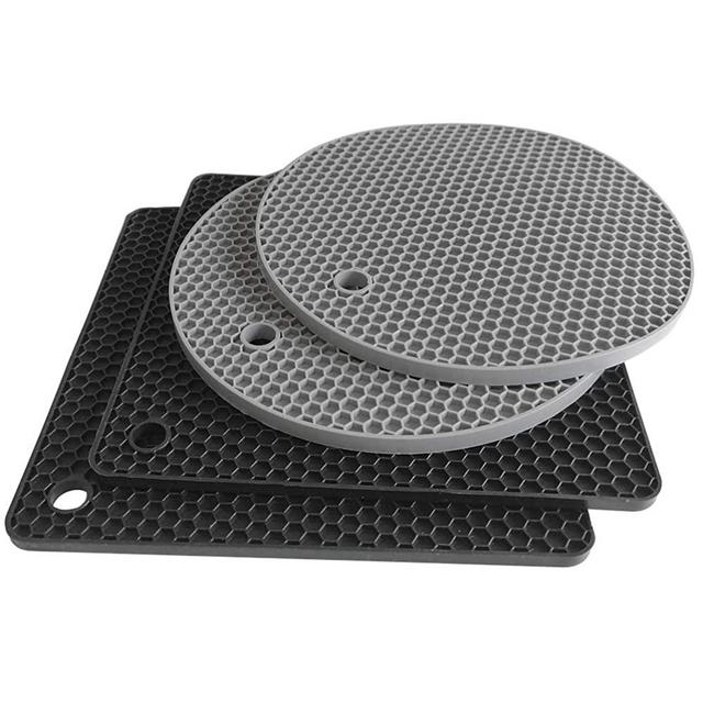 Silicone Trivet Mats, Silicone Pot Holders for Hot Pan and Pot Pads. Heat Resistant Counter Mats for Tables, Countertops, Spoon Rest and Large Coasters, 4 Pack Black & Gray (2 Squared + 2 Round Mats)