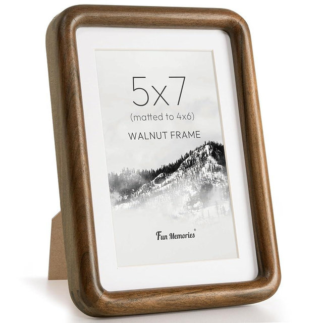 Fun Memories 5x7 Picture Frame, Solid Walnut Wood Frame with Real Glass, Hard Wood 5 by 7 Photo Frame for Wall & Tabletop Display, 5x7 Picture Frame Matted to 4x6, Natural Walnut Color