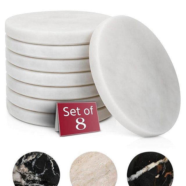 Gusto Nostro Marble Coasters Set of 8 - Modern Natural Stone Coasters for Drinks - Genuine Marble Kitchen Accessories, Round Artisanal Stone Coaster for Kitchen Counter, Coffee Table, Countertop