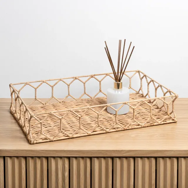 happimess Honeycomb 19.75" Rustic Bohemian Hand-Woven Rattan Tray, Light Brown