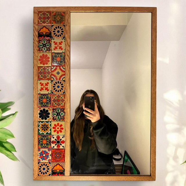 Handmade Turkish Ceramic Tile Mirror – Rustic Oak Wood Frame Wall Decor (5 Sizes), Housewarming Gift