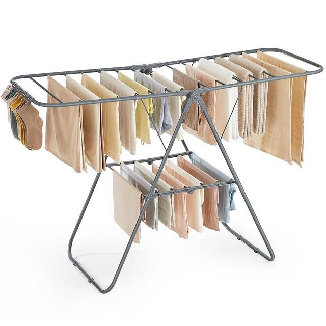 SONGMICS Clothes Drying Rack, with Sock Clips, Metal Laundry Rack, Foldable, Space-Saving, Free-Standing Airer, with 2 Height-Adjustable Gullwings, Indoor Outdoor Use, Gray ULLR052G01