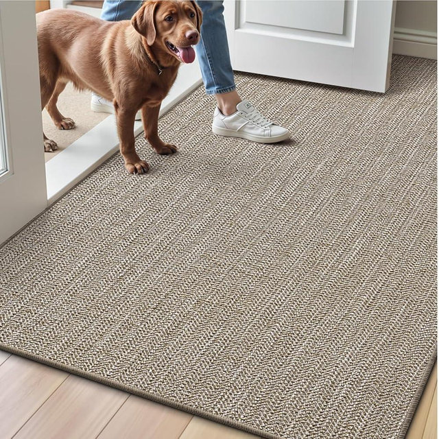 LUMI Ultra Thin Indoor Door Mat 36x56, Low Profile Entrance Mat, Non Slip Rubber Backing Dirt Trapper Doormat for Front Entryway, Khaki