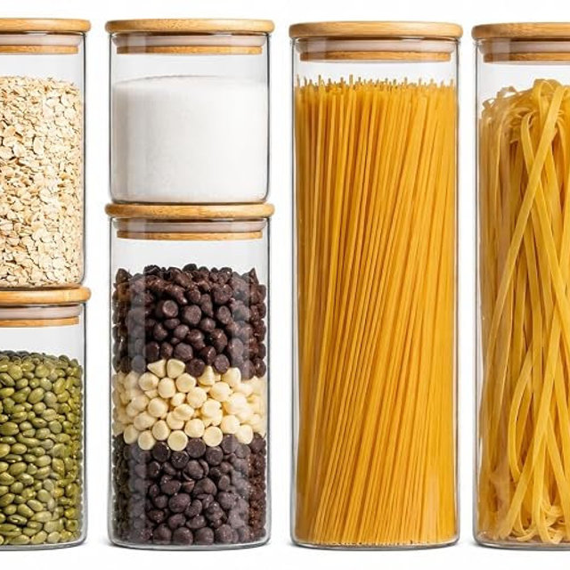 Snaiio Airtight Glass Storage Containers with Lids Set, 9 Pack Pantry and Pasta Storage Containers 25/37/51/78oz, Square Kitchen Canister Set for Flour Sugar Rice, Cereal Beans Oats Spaghetti Pasta
