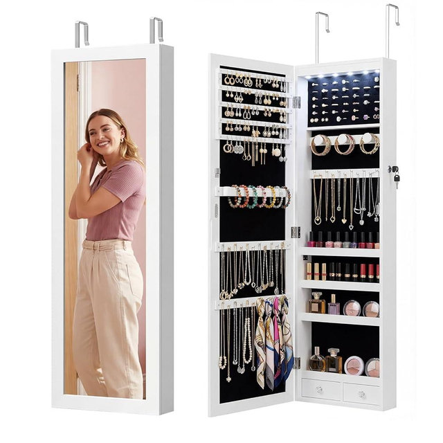 Antok 6 LEDs Jewelry Cabinet with Lock, 48" Full Length Mirror Wall Mounted or Over The Door Jewelry Organizer, Large Capacity Storage for Bedroom&Cloakroom&Entryway, Gift for Women, White
