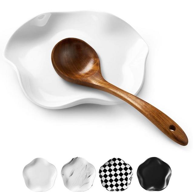 ABRUTY Spoon Rest for Stove Top, Ceramic Spoon Holder for Counter, Modern Farmhouse Decor Accessories for Spatula,Spoons (A-White, Flower-Shape)