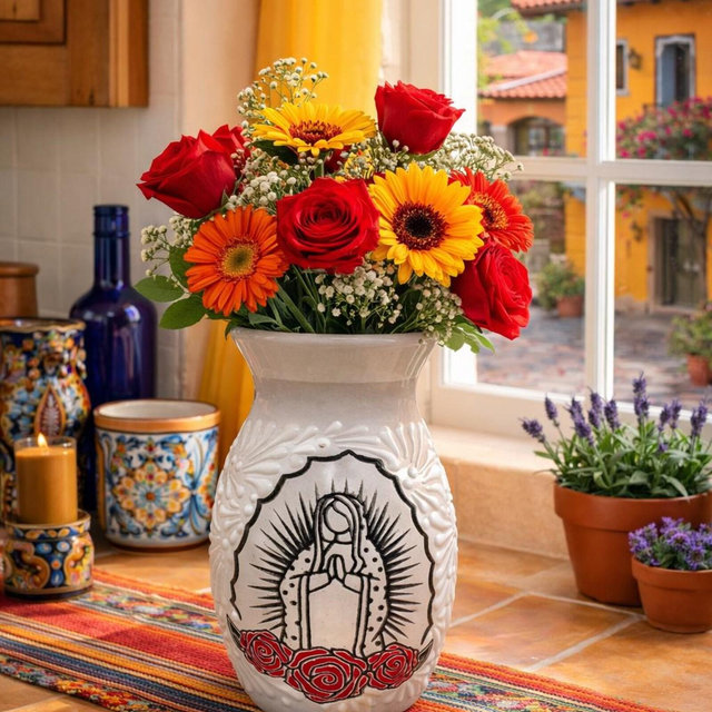 White Talavera Guadalupe Vase Floral Embossed Handmade Decor Art