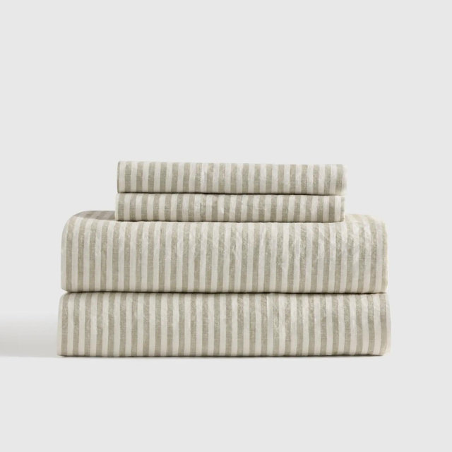 European Linen Sheet Set - Queen : Willowleaf/White Stripe