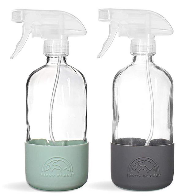 SAVVY PLANET Empty Clear Glass Spray Bottles with Silicone Sleeve Protection - Refillable 16 oz Containers for Cleaning Products, Essential Oils, Misting Plants - Quality Sprayer - 2 Pack - Pastel