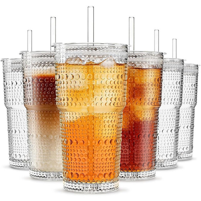 INSETLAN 20oz Hobnail Glass Cups with Lids and Glass Straws – 6 Pieces, Thick-Walled Glass Tumblers for Iced Coffee, Smoothies, Milk, Water, Juice, and More – Elegant and Durable Drinking Glasses