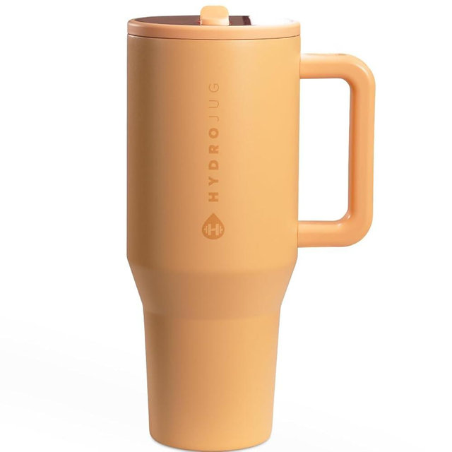 HydroJug Traveler - 40 oz Water Bottle with Handle & Flip Straw - Fits in Cup Holder, Leak Resistant Tumbler-Reusable Insulated Stainless Steel & Rubber Base - Gifts for Women & Men, Marigold