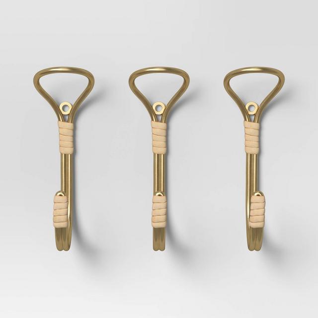 Set of 3 Metal and Rattan Wrapped Wall Hooks Brass - Threshold™