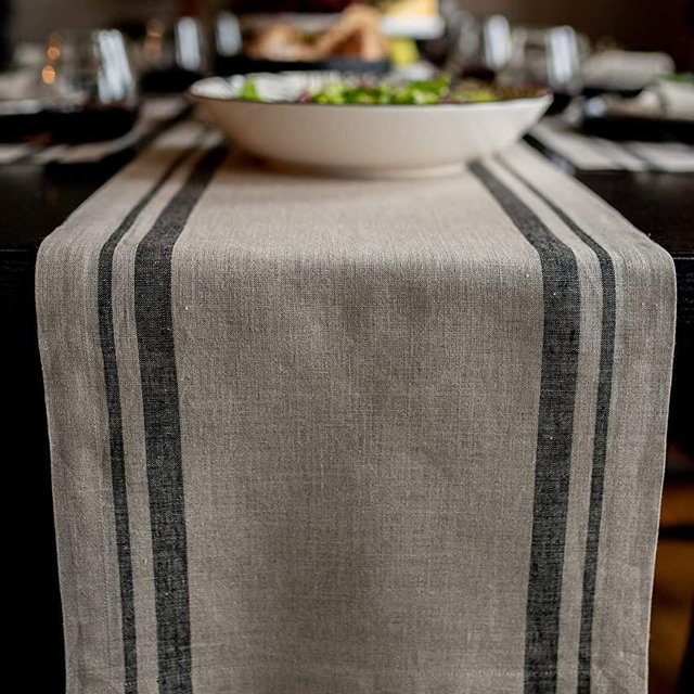 Solino Home French Stripe Table Runner – 14 x 90 Inch, 100% Pure Linen Natural Fabric – Natural/Black