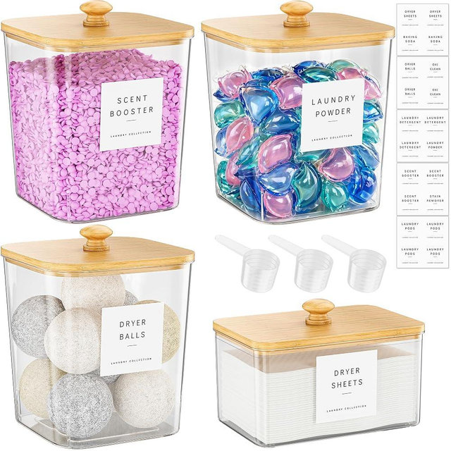 4 Pack Bamboo Laundry Pods Container, Clear Laundry Room Organization Containers,Large Laundry Detergent Powder Storage Containers Lids & Labels, Acrylic Laundry Pods Holder for Scent Booster