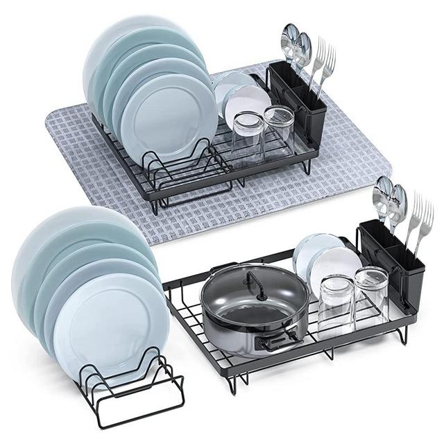 Dish Drainer, YASONIC in Sink Dish Drying Rack with Absorbent Pad, Utensil Holder, Rustproof Stainless Steel Small Dish Rack, for in Sink or Kitchen Counter, Black