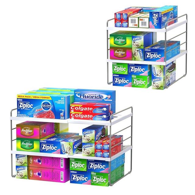 YAN & HIN 2 Packs 3-Tier Pantry Cabinet Organizers and Storage, Adjustable Height and Expandable Kitchen Plastic Wrap Organizer, Sturdy Aluminum Foil Countertop and Storage for Multi-Purpose Use