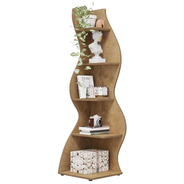 Tribesigns Corner Shelf, Modern 5-Tier Wall Corner Bookshelf, Stylish Corner Small Bookcase Storage Rack Plant Stand with Unique Shape for Living Room, Home Office (Light Brown, 1PC)