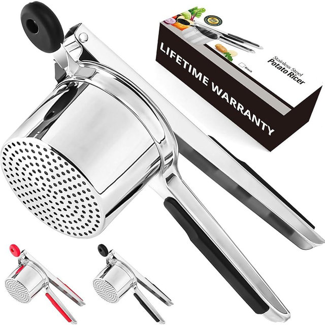WIHBOIR Large 15oz Stainless Steel Potato Ricer with Silicone Grip - Heavy Duty Masher for Smooth Mashed Potatoes, Purees