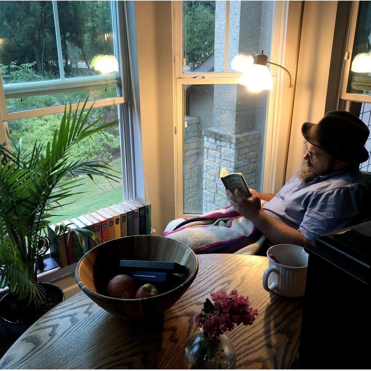 Austin, TX, August, 2019 | Austin enjoying our book nook. Before we met on set of "The Chosen" Austin had been on the road for 11 months straight. It has been a joy to have somewhere to call home!