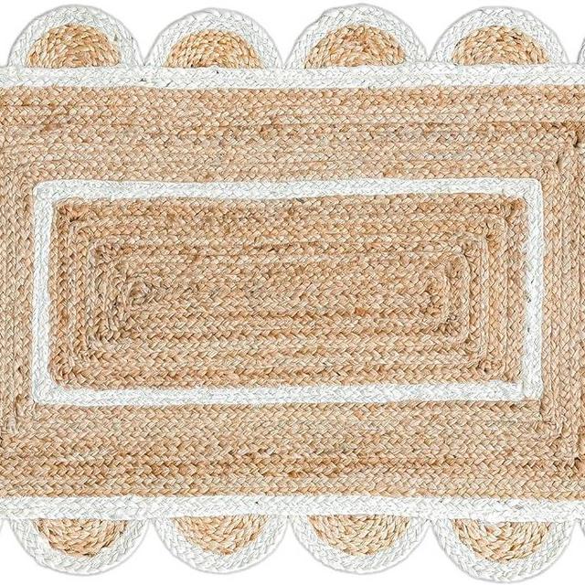 Shree Exports Hand Woven Farmhouse Scalloped Natural Jute Area Rug, Natural Base Off White Trim 2x3 feet