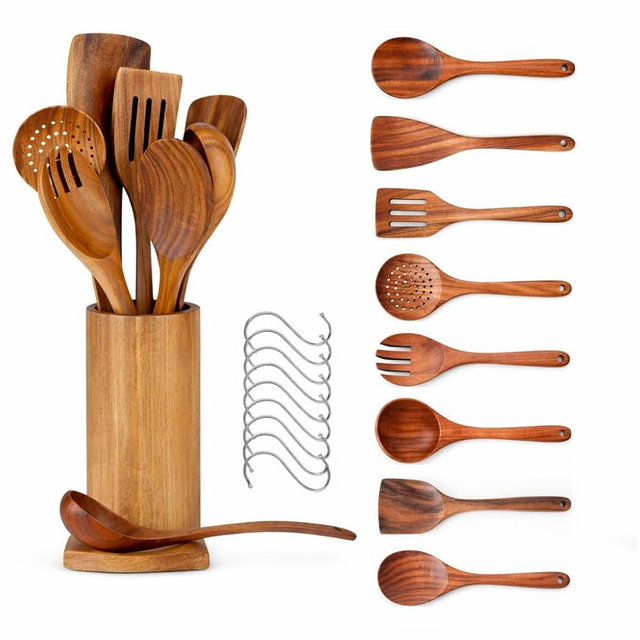 10-Piece Wooden Utensil Set with Holder, Spoon Rest & Hooks – Durable Non Toxic Cooking Utensils - Wooden Spoons for Cooking, Ideal Kitchen Utensil Set for Cooking Enthusiasts & House Warming