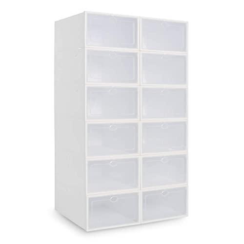 Pinkpum Stackable Shoe Boxes 12.4×8.8×5.3 inches Plastic Clear Shoe Storage, Need to Assemble Yourself, 12 pack, White