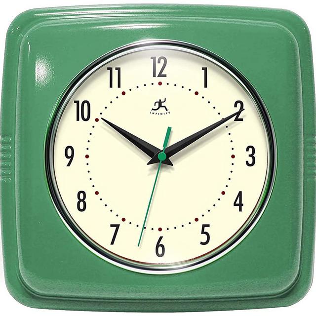 Infinity Instruments Square Silent Retro 9 inch Mid Century Modern Kitchen Diner Retro Wall Clock Quartz Sweep Movement (Green)
