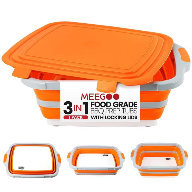 BBQ Prep Tub 3-IN-1 Large 16L Collapsible Cutting Board with Locking Lid for Meal Prep Marinating Food, Camping Sink with Colander, Dish Basin, Storage Blanket for Camping Picnic BBQ, Orange