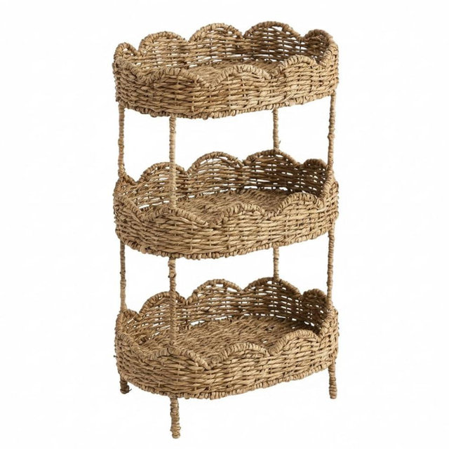 AceOrbit 3 Tier Floor Stand Scalloped Basket Stand 3 Tier Oval Seagrass Scalloped Storage Basket Floor Rack with Market Baskets Hand Woven Laundry Rack for Bathroom Kitchen Laundry Living Room Storage