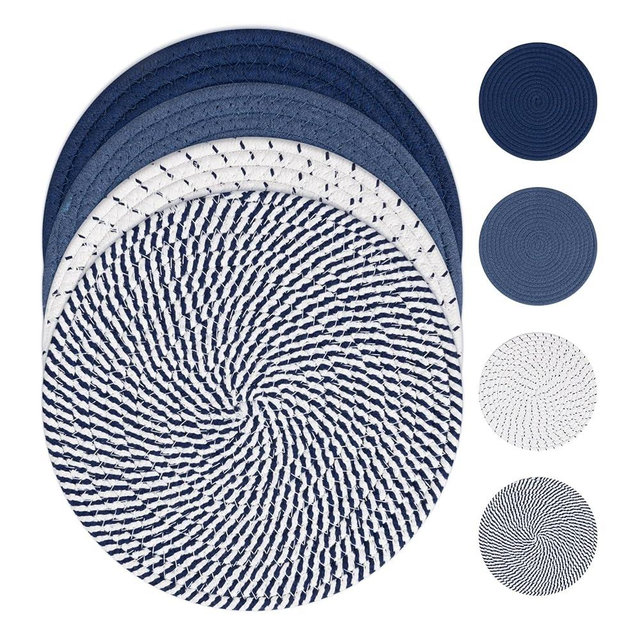 SHACOS 10 Inches Trivets for Hot Dishes, 4 Pieces Cotton Trivets Mats for Kitchen, Hot Pads for Countertops and Table, Heat-Resistant Pot Holders for Hot Pots and Pans(Blue, 4pcs)