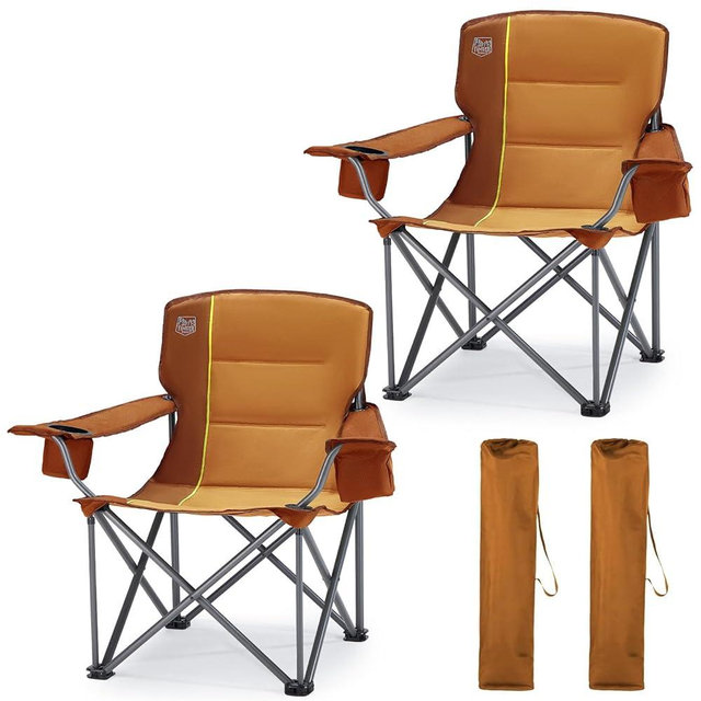 TIMBER RIDGE Oversized Folding Camping Chair for Adults, Support 550 LBS Heavy Duty with Cup Holder Side Pocket for Camp, Lawn, Picnic, Oange, 2 Pack