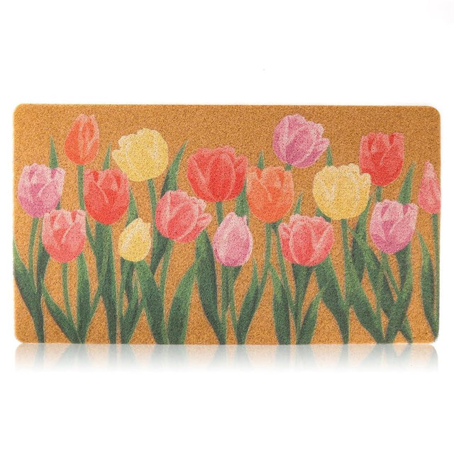 Dripykiaa Spring Coir Door Mat for Front Door 30''x 17'' Tulip Floral Welcome Mat with Anti-Slip Backing Indoor & Outdoor Use, Spring Tulip Floral Doormat for Outdoor Entrance,Perfect Home Decor