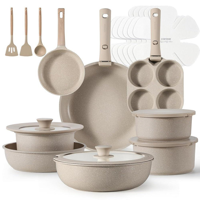 CAROTE 23pcs Detachable Handle Pots and Pans Set, Nonstick Cookware Set, Removable Handle Pots and Pans Non Stick, RV Oven Safe Cookware, Induction Kitchen Set, Taupe, Dishwasher Safe