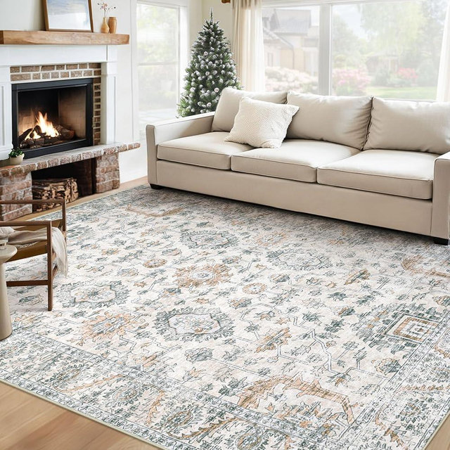 XLUEZ Area Rug 6x9 Living Room Rug, Machine Washable Vintage Distressed Boho Area Rug Non-Slip Soft Low Pile Large Indoor Rugs for Bedroom Kitchen Dining Room Office(Brown Green,6'x9')