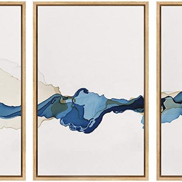 SIGNWIN 3 Piece Framed Canvas Wall Art Blue and Brown Watercolor Nature Wilderness Illustrations Abstract Traditional Relax/Calm Home Artwork Decoration for Living Room,Bedroom - 16"x24"x3 Panels
