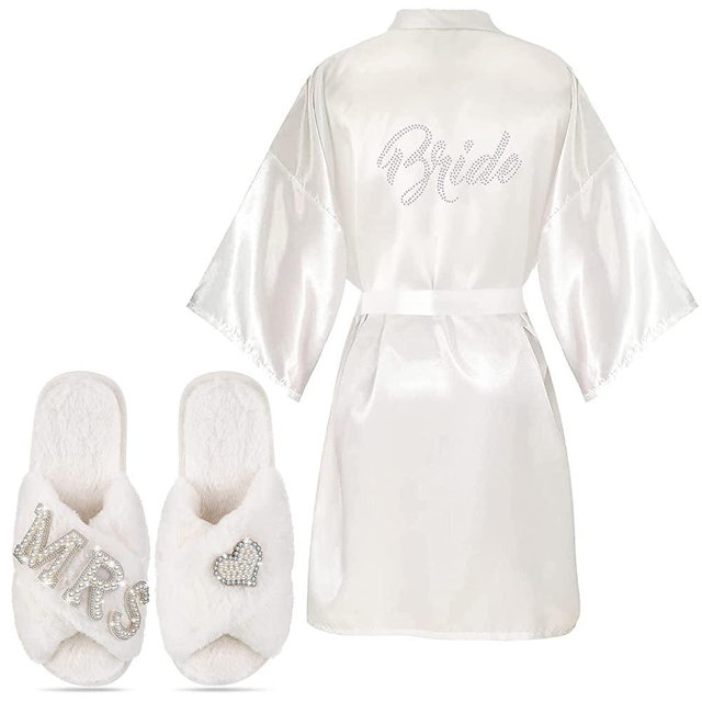 Mepase 2 Pcs Bride Gifts Bride Robe with Slippers Satin Rhinestone Wedding Day Robe Pearl Wedding Slippers for Women Bridal Bachelorette Proposal Party