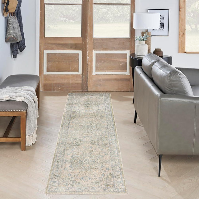 Nourison Astra Machine Washable Blue Green 2'2" x 8' Area Rug, Easy Clean, Non Shedding, Bed Room, Living Room, Dining Room, Kitchen (8' Runner)