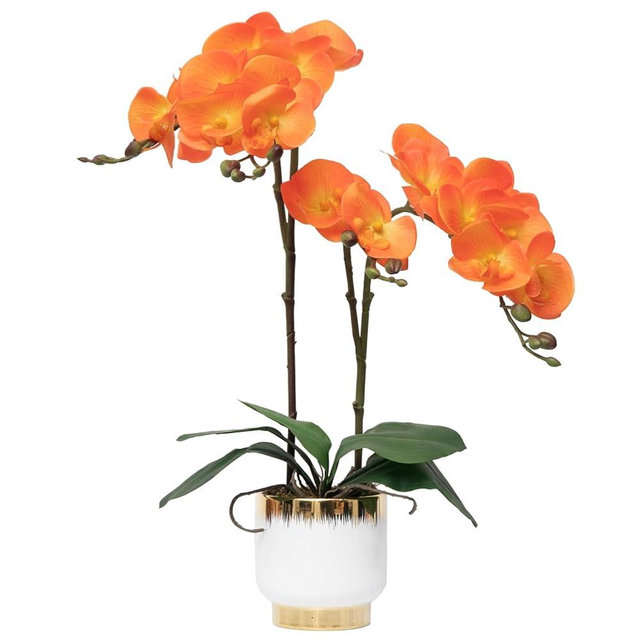 CXGS Orchids Artificial Flowers Real Touch Fake Flowers in Ceramic Pot 20" Orange Faux Orchid Plant Lifelike Silk Phalaenopsis for Centerpiece Hotel Home Indoor Decor