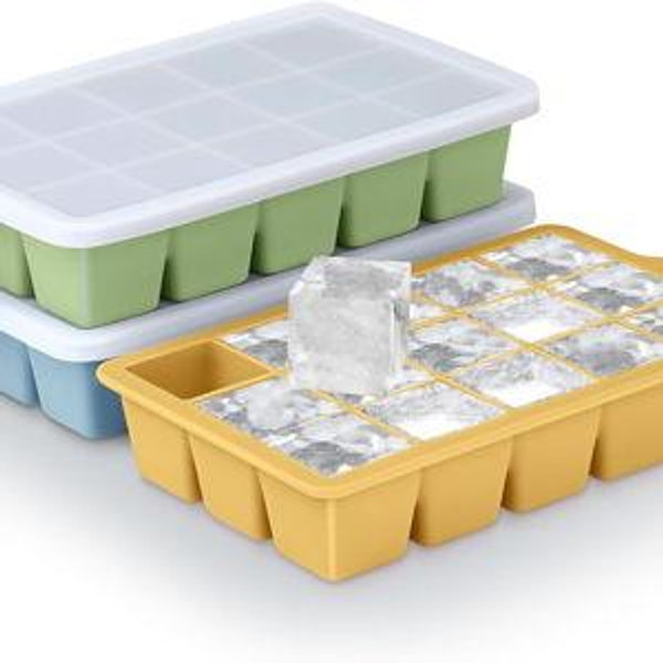 Silicone Ice Cube Trays 3Packs, Easy Release Ice Cube Molds with Lid, Freezer Stackable Ice Maker for Whiskey, Baby Food, BPA Free (3, Blue+Green+Yellow)