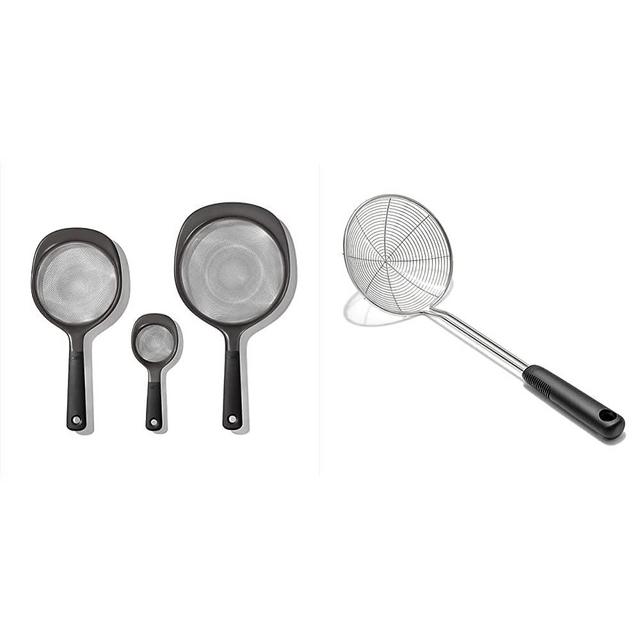 OXO Good Grips 3-Piece Strainer Set, Black & Good Grips Stainless Steel Spider Scoop & Strain Skimmer,Black